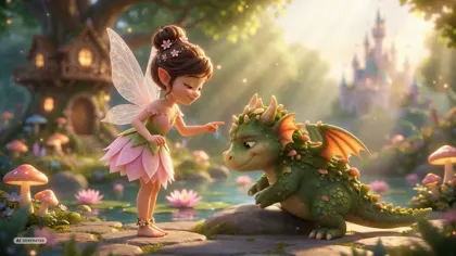 the fairy leaning towards the dragon by the water