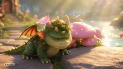 the dragon lying on a pink mushroom