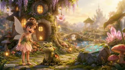 the fairy and the dragon among glowing runes